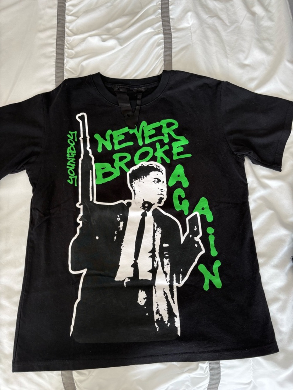 Men's Black Graphic Tee with Green 'Never Broke Again' Print YoungBoy VLONE